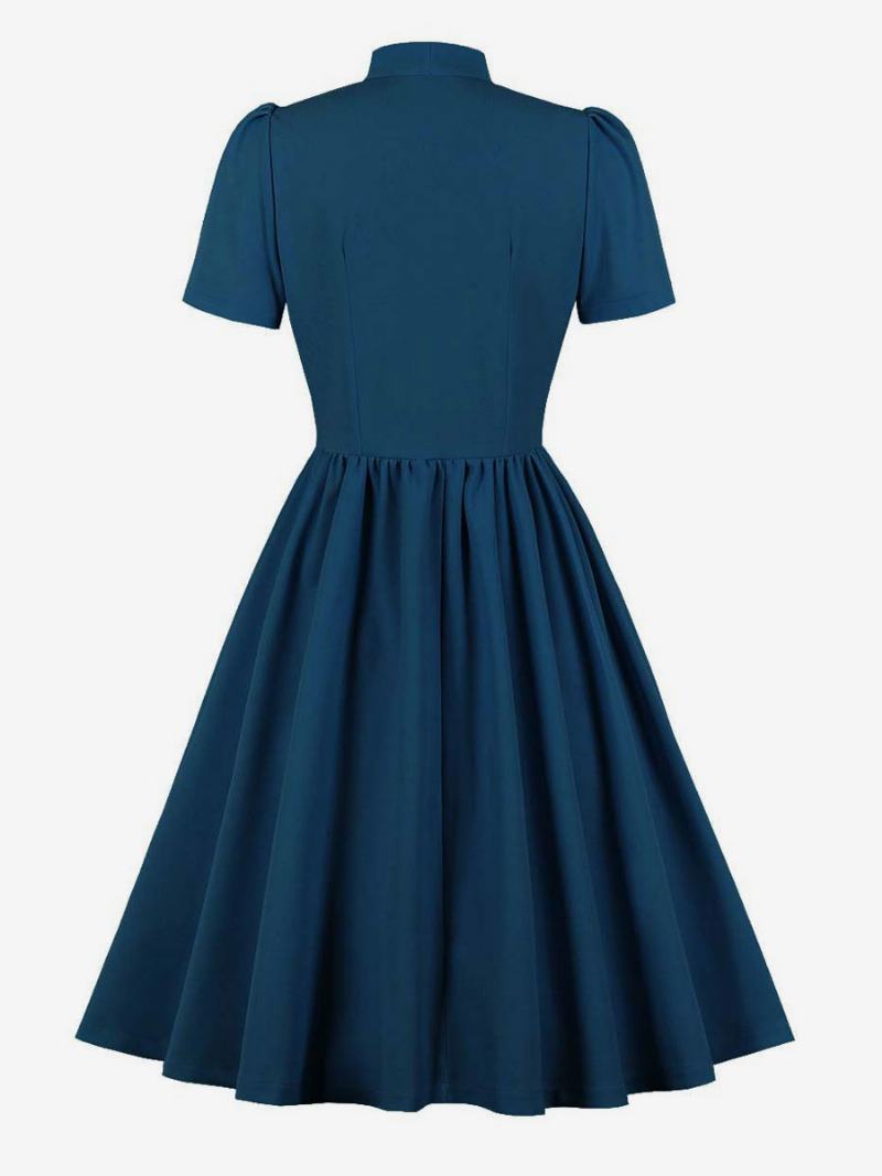 Retro Šaty 1950 Audrey Hepburn Style Navy Dámské Swingové S Krátkým Rukávem - Námořnická Modrá