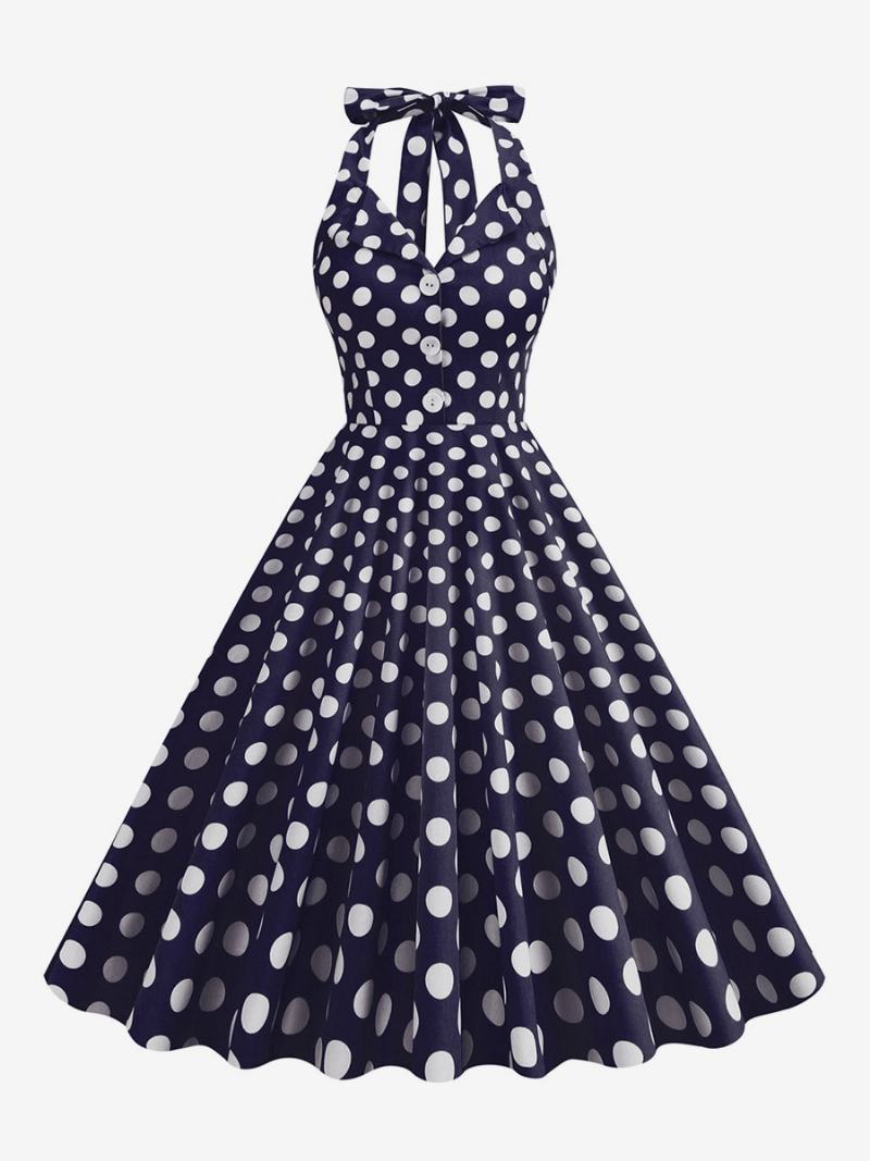 Retro Šaty 50. Léta Styl Audrey Hepburn Tmavě Navy Puntíkaté Dámské Knoflíčky Ohlávka Bez Rukávů Rockabilly - Dark Navy