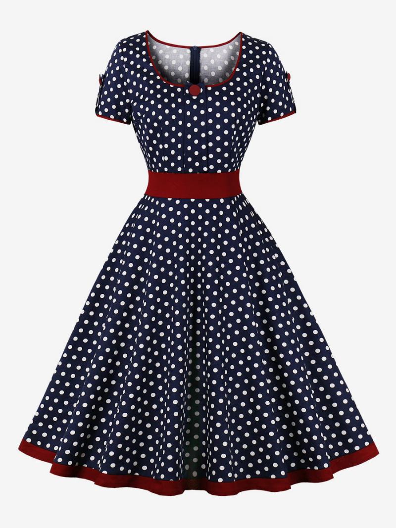 Vintage Šaty 1950 Styl Audrey Hepburn Dark Navy Puntík Dámské S Krátkým Rukávem Rockabilly - Dark Navy