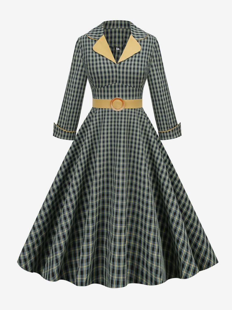 Vintage Šaty 50. Léta Styl Audrey Hepburn Turndown Límec Dlouhé Rukávy Dámské Středně Kostkované Rockabilly