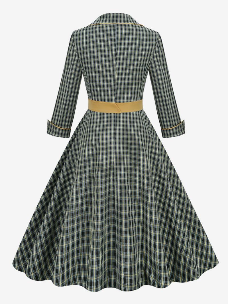 Vintage Šaty 50. Léta Styl Audrey Hepburn Turndown Límec Dlouhé Rukávy Dámské Středně Kostkované Rockabilly - Hunter Green