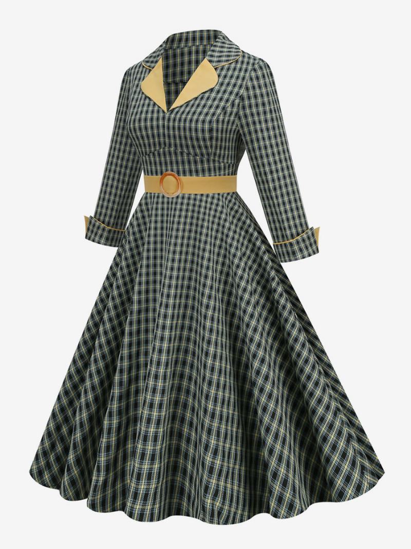 Vintage Šaty 50. Léta Styl Audrey Hepburn Turndown Límec Dlouhé Rukávy Dámské Středně Kostkované Rockabilly - Hunter Green