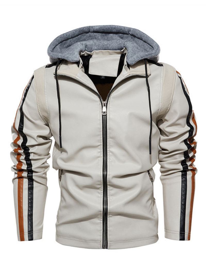 Pánská Kožená Bunda Comfy Layered Zipper Color Block Smart Moto Winter Ecru Bílá