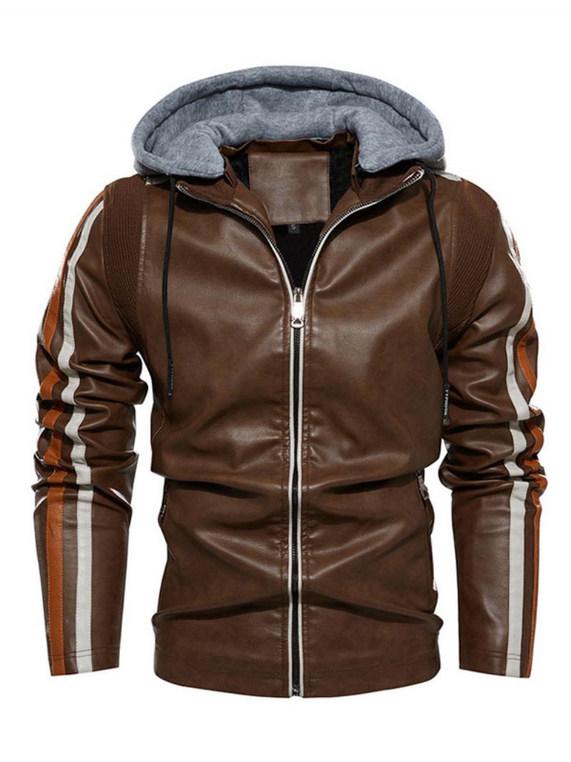 Pánská Kožená Bunda Comfy Layered Zipper Color Block Smart Moto Winter Ecru Bílá - Kávově Hnědá