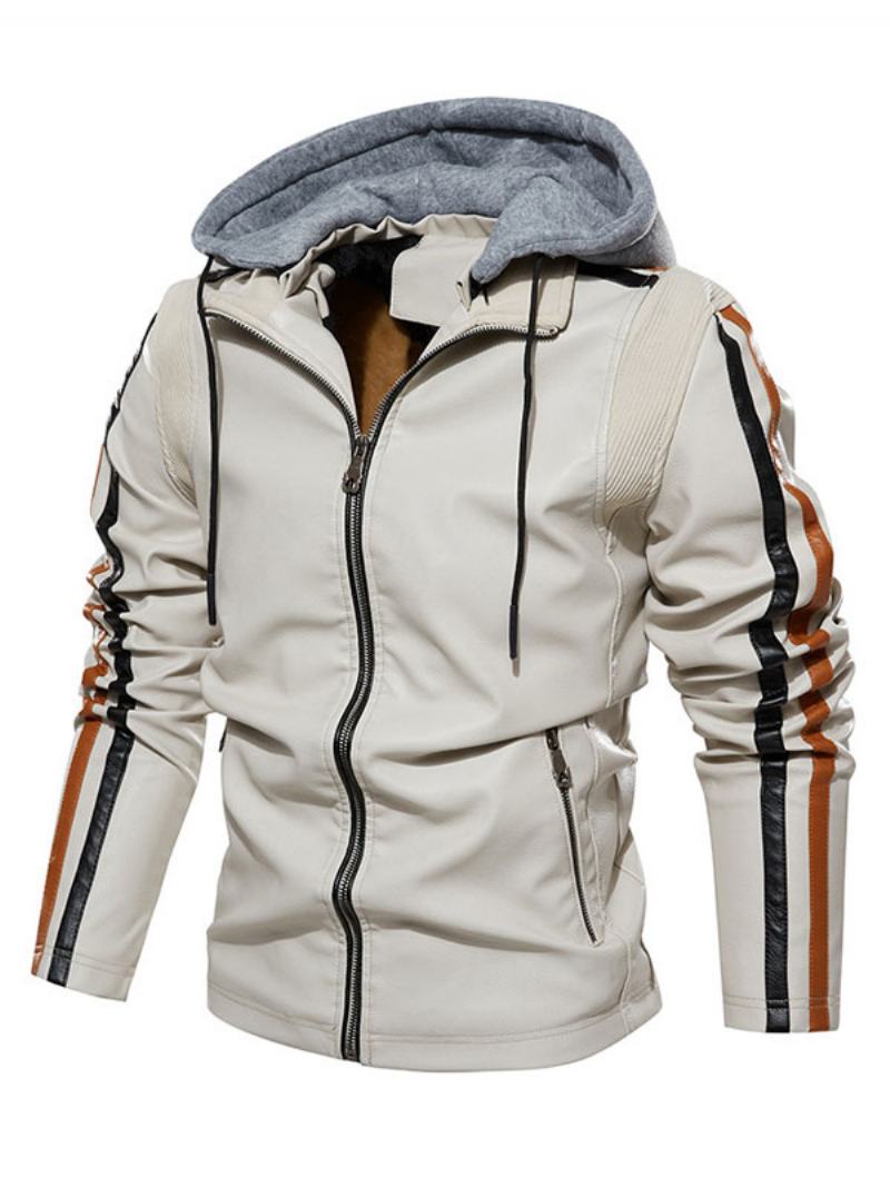 Pánská Kožená Bunda Comfy Layered Zipper Color Block Smart Moto Winter Ecru Bílá - Béžová