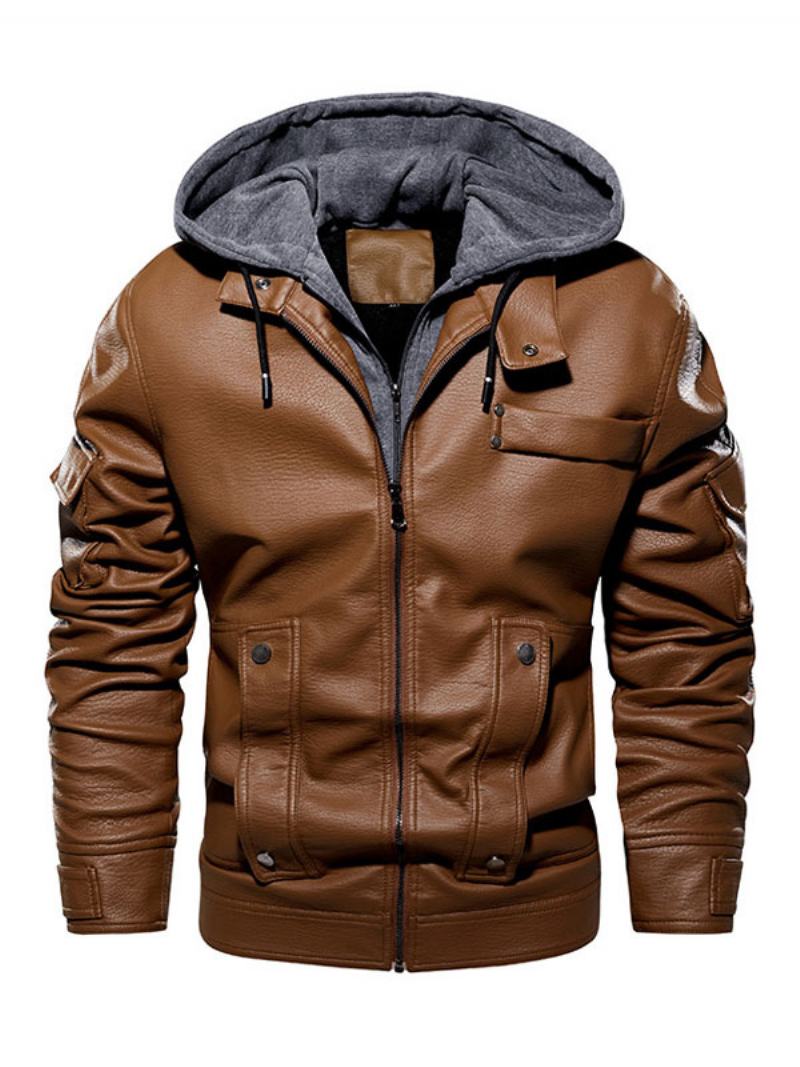 Pánská Kožená Bunda Pohodlný Vrstvený Zip Color Block Fashion Moto Spring Coffee Brown