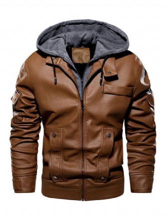 Pánská Kožená Bunda Pohodlný Vrstvený Zip Color Block Fashion Moto Spring Coffee Brown