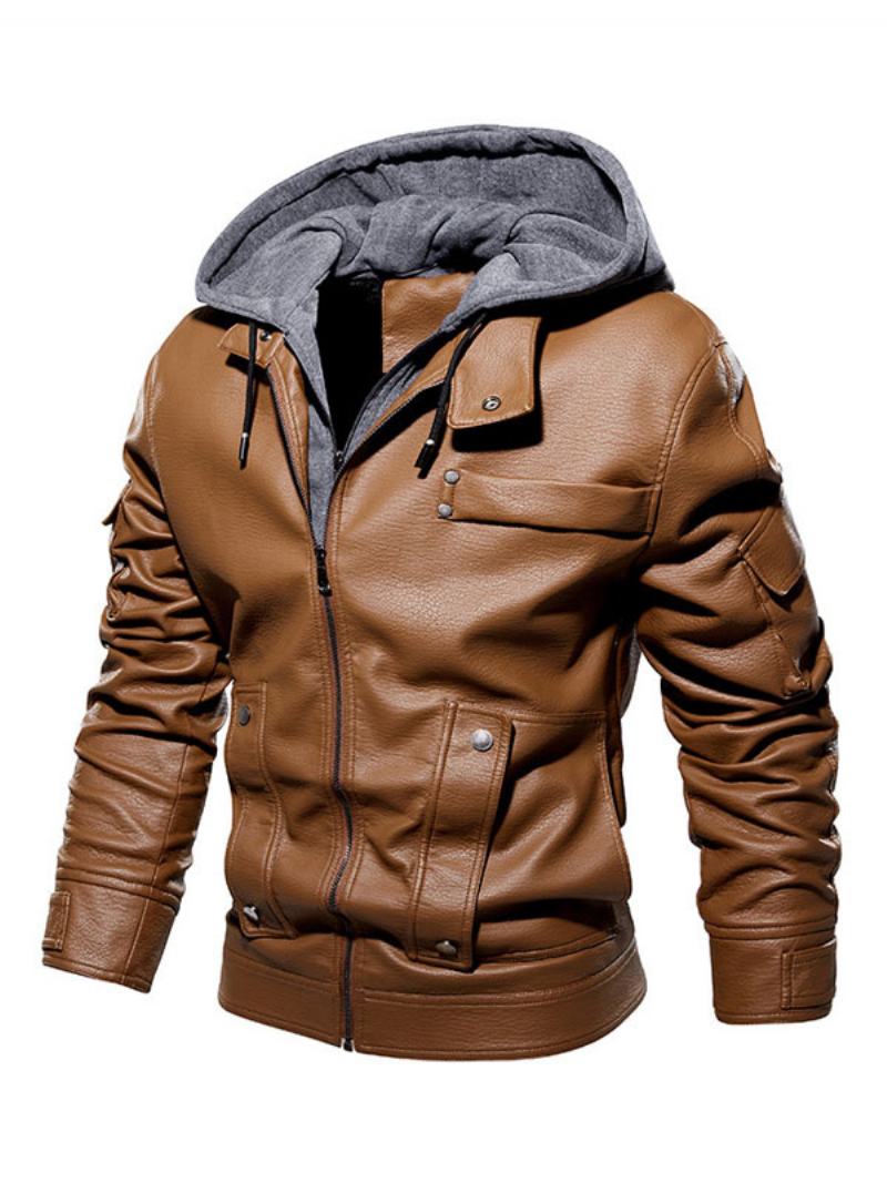 Pánská Kožená Bunda Pohodlný Vrstvený Zip Color Block Fashion Moto Spring Coffee Brown - Kávově Hnědá