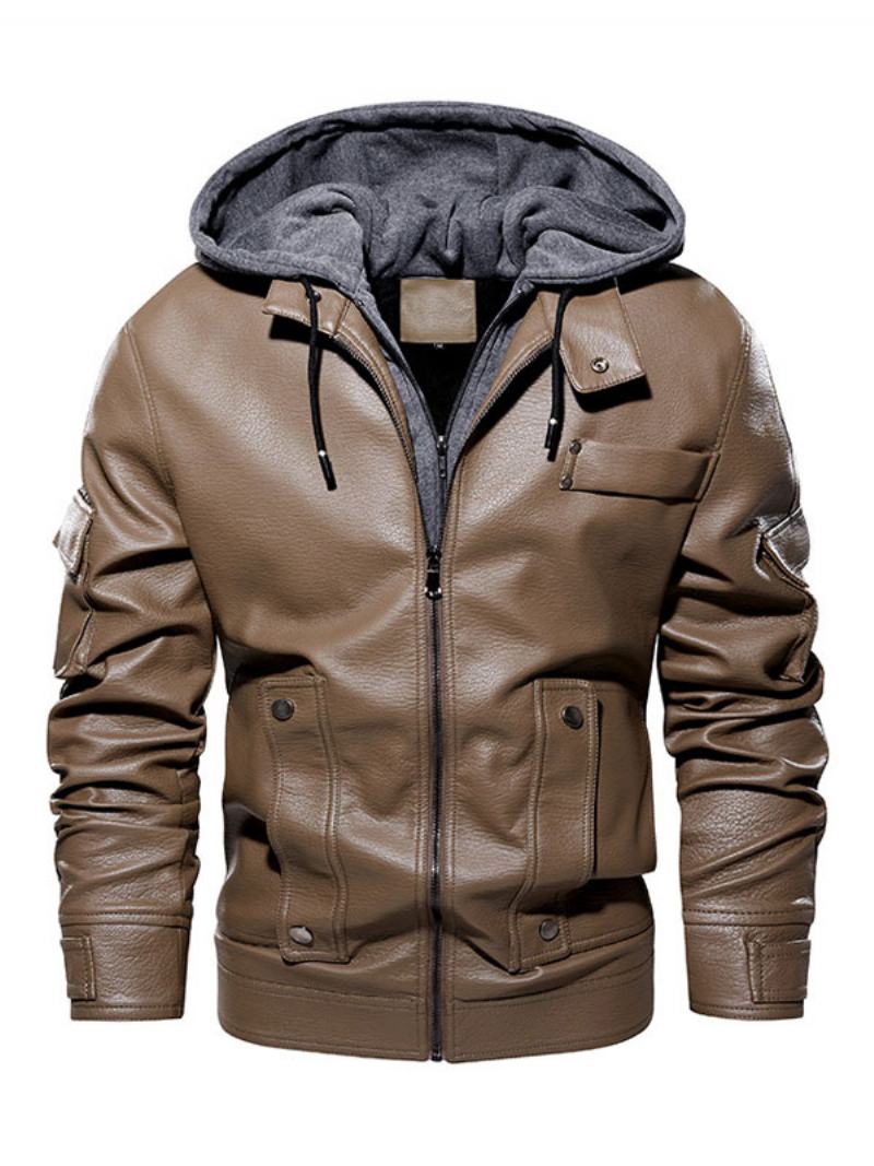 Pánská Kožená Bunda Pohodlný Vrstvený Zip Color Block Fashion Moto Spring Coffee Brown - Khaki