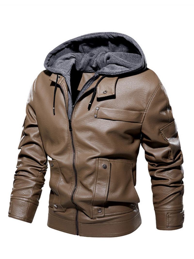 Pánská Kožená Bunda Pohodlný Vrstvený Zip Color Block Fashion Moto Spring Coffee Brown - Khaki