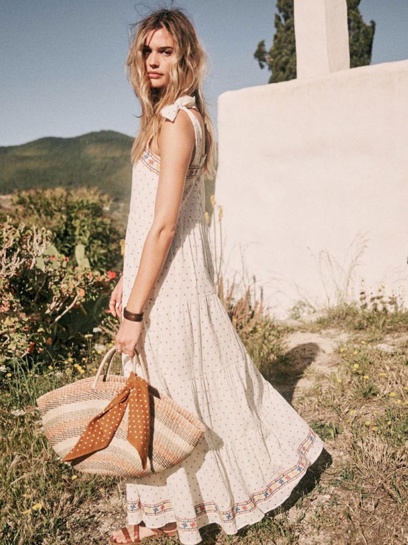 Boho Šaty Bílé Bez Rukávů Bohemian Gypsy Beach Vacation Summer Maxi Slip Shift Pro Ženy - Bílý