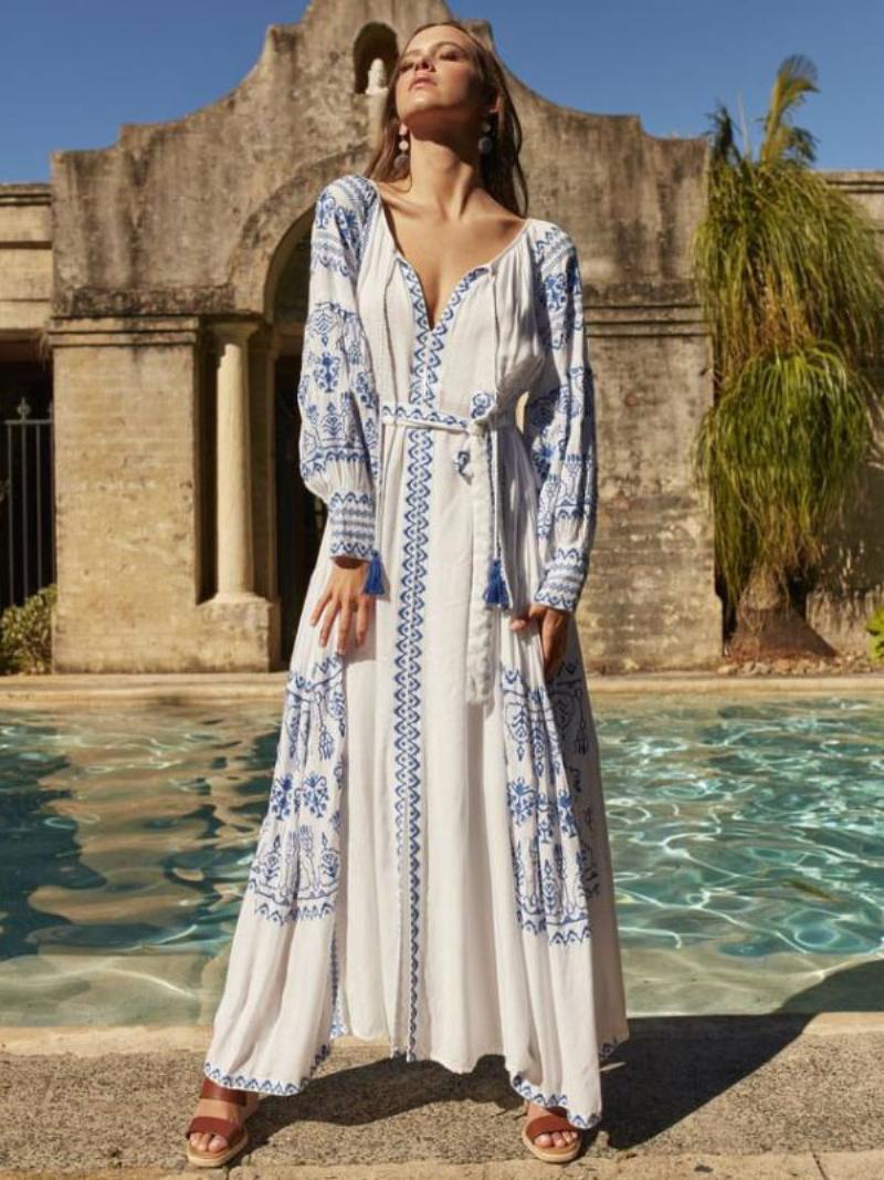 Boho Šaty S Výstřihem Do V Dlouhé Rukávy Bohemian Gypsy Beach Vacation White Jaro Léto Maxi Páskem Pro Ženy