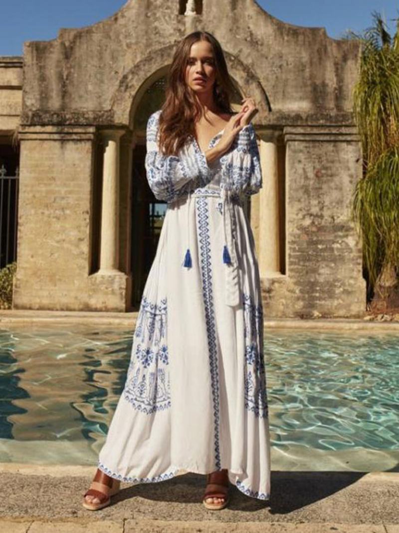 Boho Šaty S Výstřihem Do V Dlouhé Rukávy Bohemian Gypsy Beach Vacation White Jaro Léto Maxi Páskem Pro Ženy - Bílý