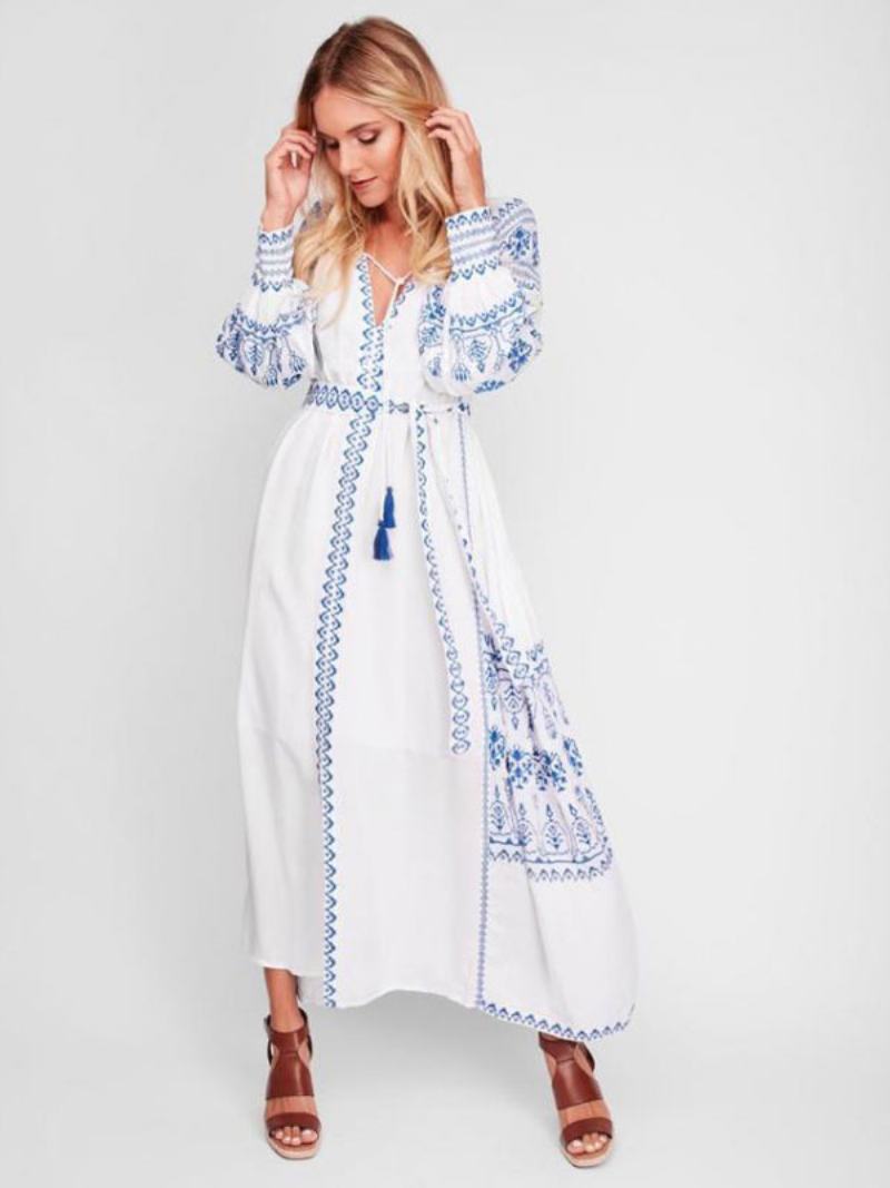 Boho Šaty S Výstřihem Do V Dlouhé Rukávy Bohemian Gypsy Beach Vacation White Jaro Léto Maxi Páskem Pro Ženy - Bílý