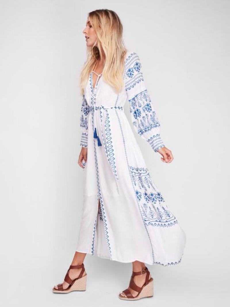 Boho Šaty S Výstřihem Do V Dlouhé Rukávy Bohemian Gypsy Beach Vacation White Jaro Léto Maxi Páskem Pro Ženy - Bílý