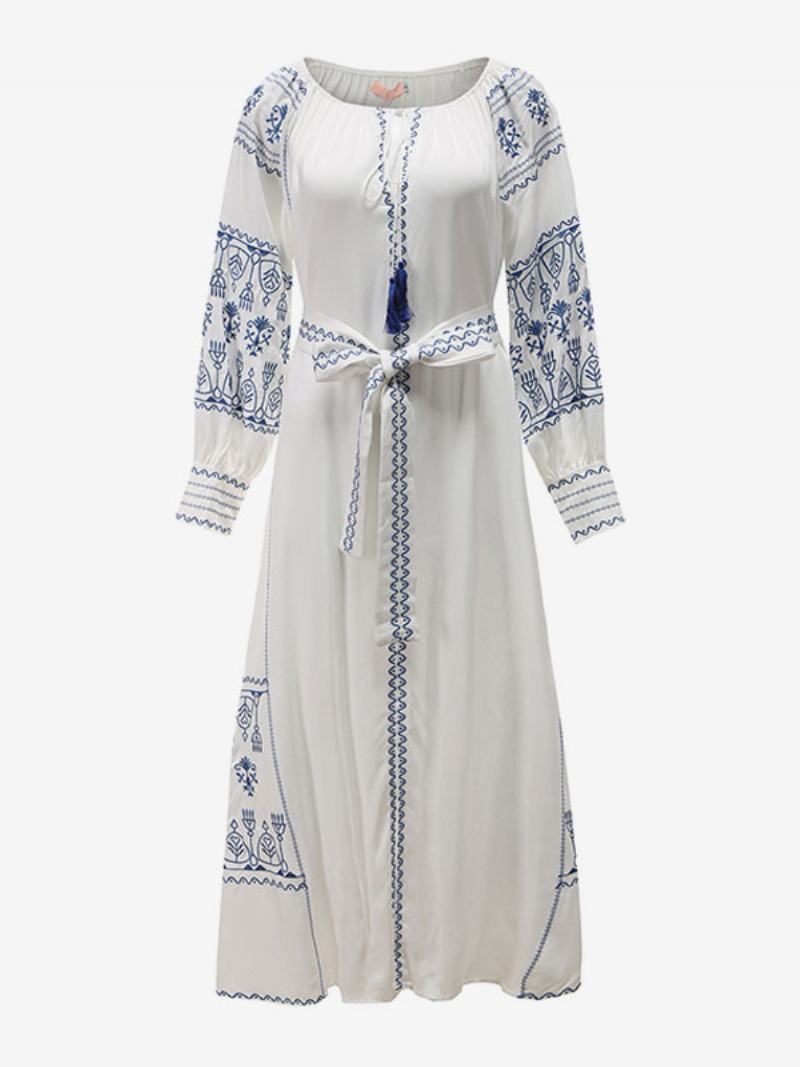 Boho Šaty S Výstřihem Do V Dlouhé Rukávy Bohemian Gypsy Beach Vacation White Jaro Léto Maxi Páskem Pro Ženy - Bílý