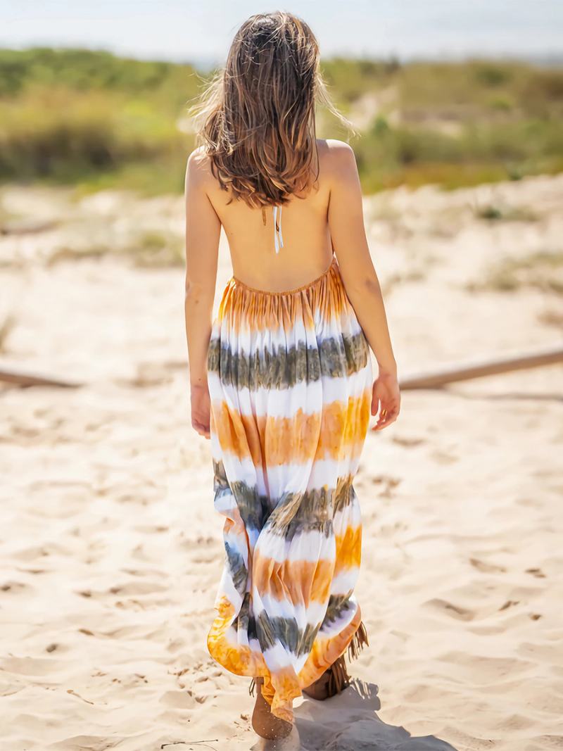 Dámské Boho Šaty Halter Letní Maxi S Výstřihem Do V Otevřenými Zády Ležérní Resort - Oranžová