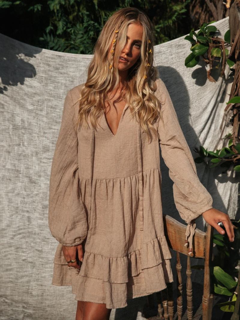 Dámské Boho Šaty Oversized Plážové S Výstřihem Do V A Dlouhým Rukávem - Kávově Hnědá