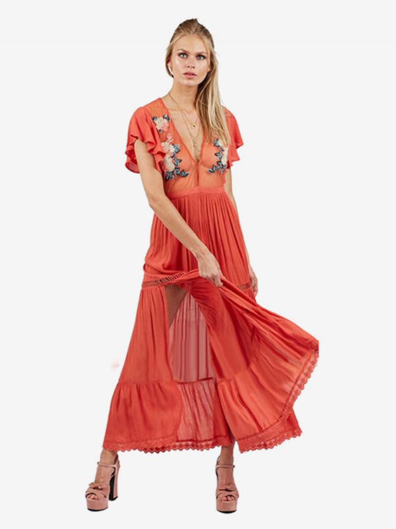 Šaty Boho Světle Růžové S Výstřihem Do V Krátké Rukávy Vyšívané Průhledné Letní Maxi Bohemian Gypsy Beach Dovolená Pro Ženy - Oranžová