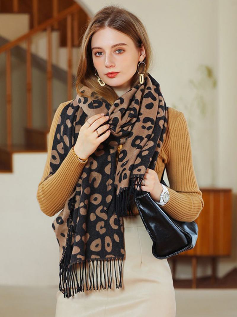 Dámský Šátek Fashion Leopard Print Fringe Fiber Zimní Teplé Šátky - Černá