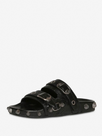 Pánské Sandály Slides Black Open Toe Rivets Kovové Detaily Slip On Slide