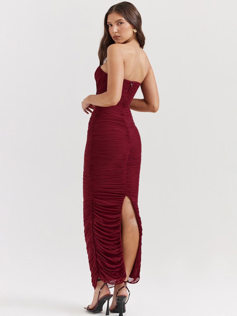 Dámské Šaty Bodycon Burgundsko Bez Ramínek Skládané Elegantní Tužkové Rukávů - Burgundské