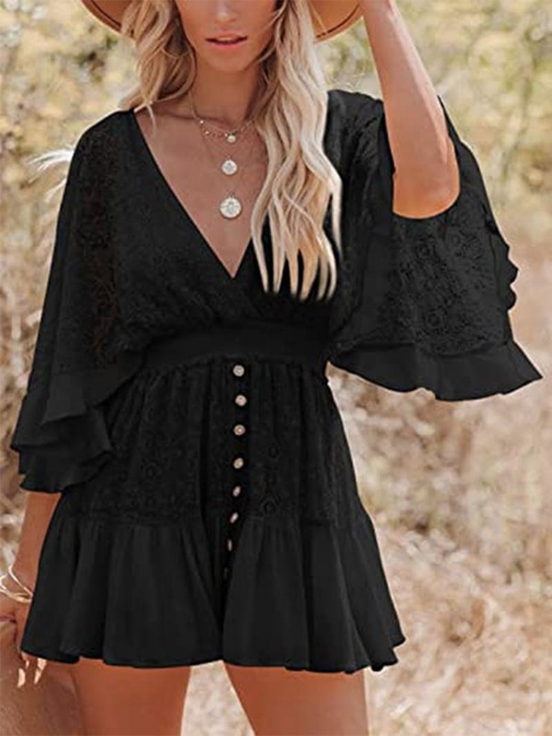 Boho Šaty S Krajkovým Výstřihem Do V Batwing White Flare Mini Pro Ženy - Černá