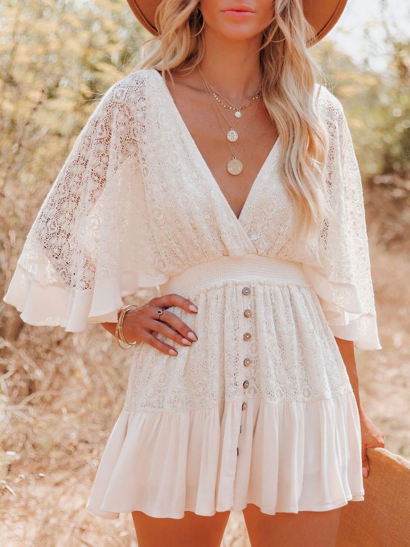 Boho Šaty S Krajkovým Výstřihem Do V Batwing White Flare Mini Pro Ženy - Bílá