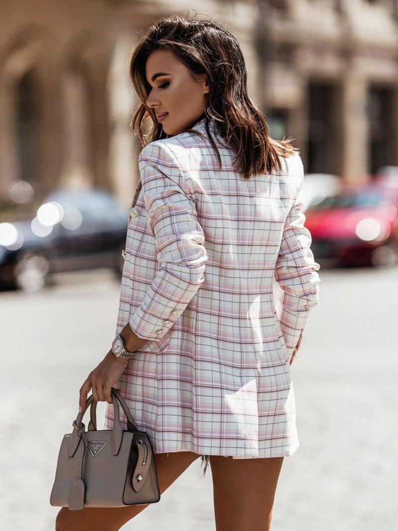 Blazer Jacket Pink Stripe Moderní Kostkovaný Límec Turndown Double Breasted Spring Fall Street Svrchní Oděvy Pro Ženy - Růžová