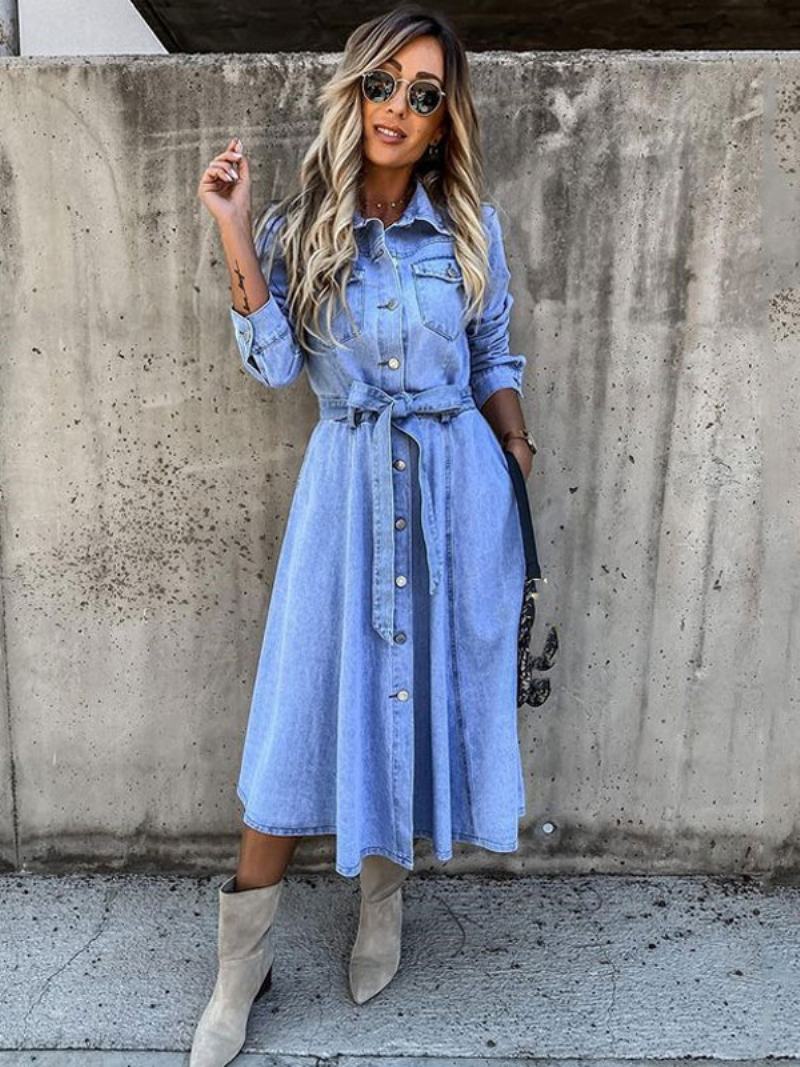 Dámské Skater Šaty Turndown Límec Dlouhé Rukávy Knoflíky Oversized Ležérní Maxi Fit A Flare