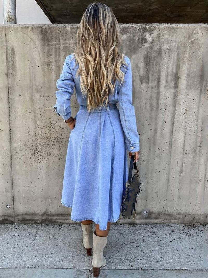 Dámské Skater Šaty Turndown Límec Dlouhé Rukávy Knoflíky Oversized Ležérní Maxi Fit A Flare - Modrý