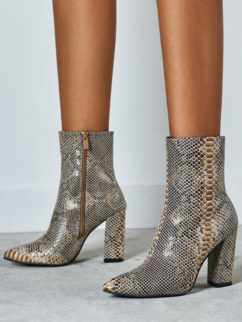 Dámské Kotníkové Boty Python Pointed Toe Snake Print Kožené Kozačky Na Robustním Podpatku