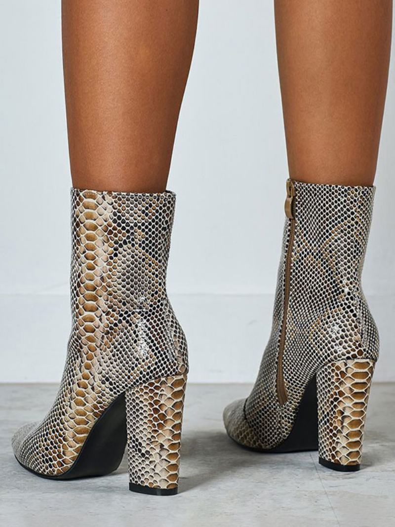 Dámské Kotníkové Boty Python Pointed Toe Snake Print Kožené Kozačky Na Robustním Podpatku - Krajta