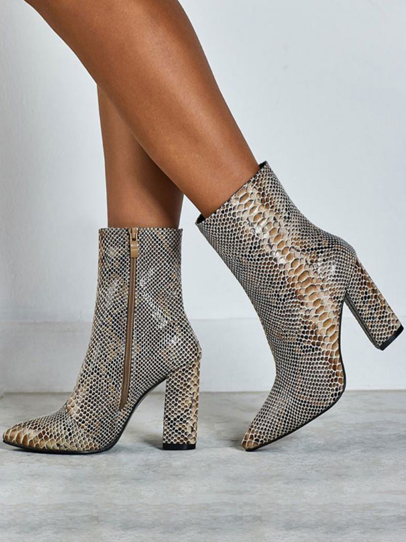 Dámské Kotníkové Boty Python Pointed Toe Snake Print Kožené Kozačky Na Robustním Podpatku - Krajta