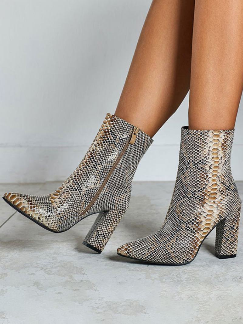 Dámské Kotníkové Boty Python Pointed Toe Snake Print Kožené Kozačky Na Robustním Podpatku - Krajta