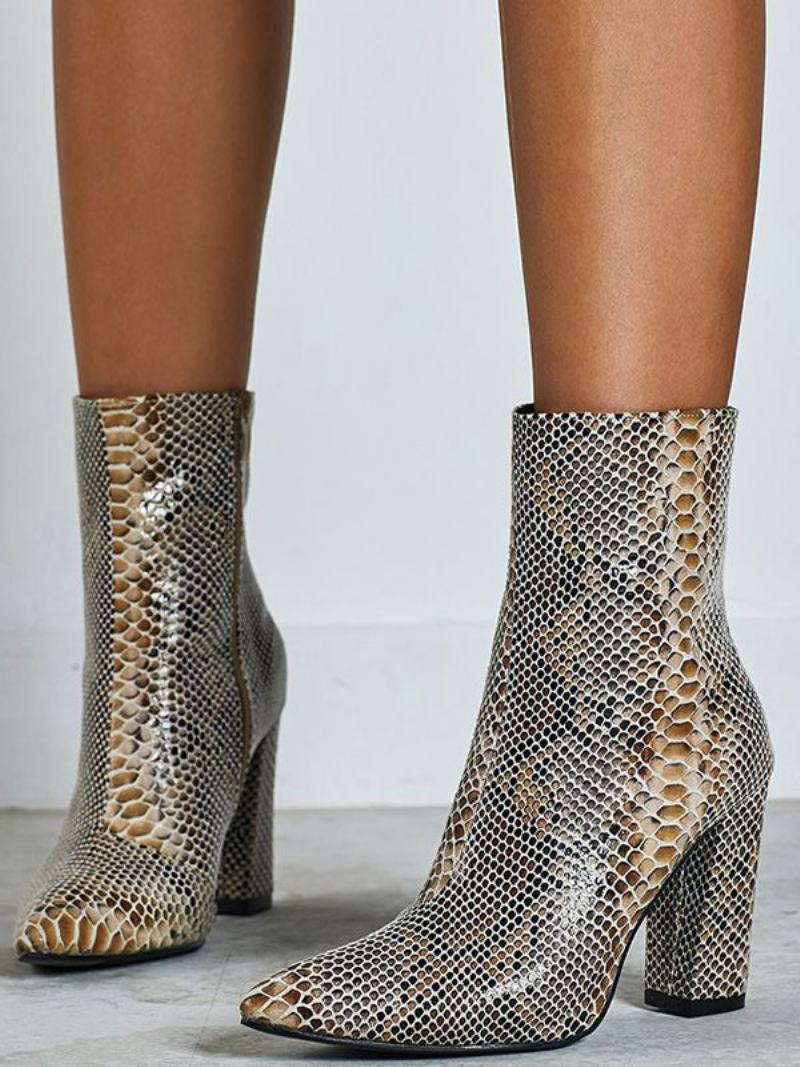 Dámské Kotníkové Boty Python Pointed Toe Snake Print Kožené Kozačky Na Robustním Podpatku - Krajta