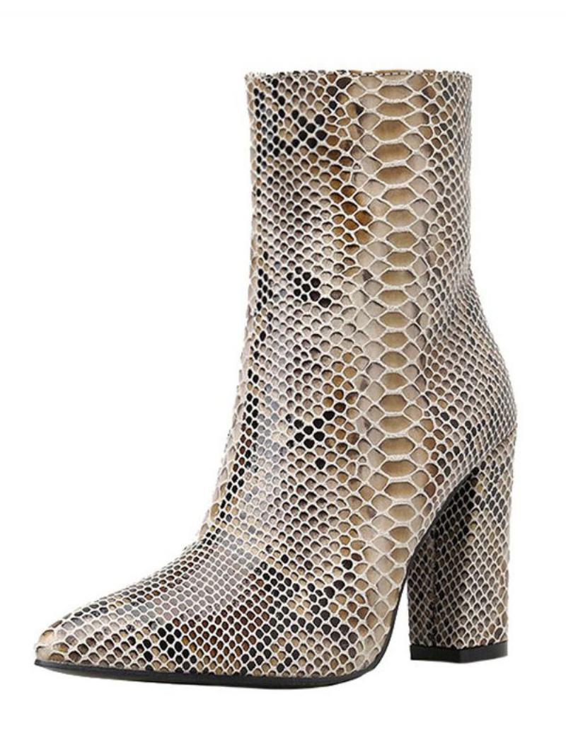 Dámské Kotníkové Boty Python Pointed Toe Snake Print Kožené Kozačky Na Robustním Podpatku - Krajta