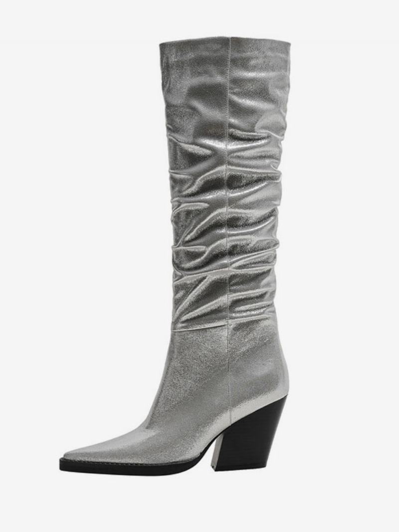 Dámské Stříbrné Westernové Boty Metalíza Pu Kůže Špičatá Špička Pata Polobotky Slouch Boots