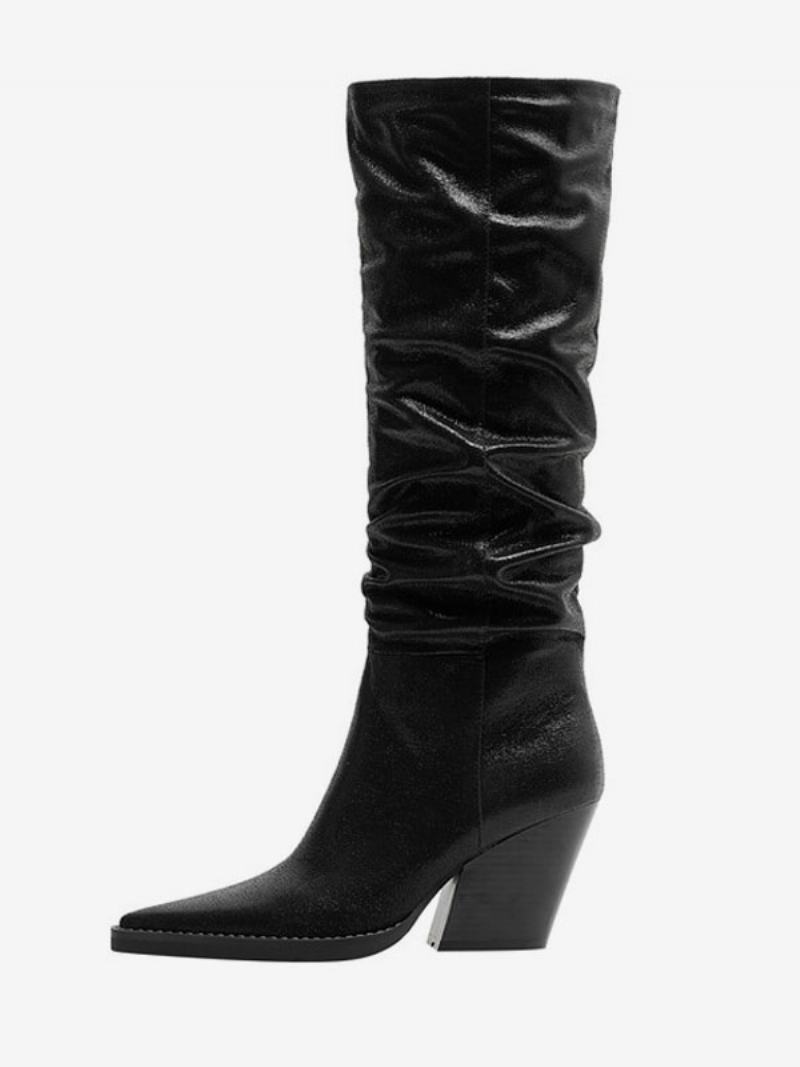 Dámské Stříbrné Westernové Boty Metalíza Pu Kůže Špičatá Špička Pata Polobotky Slouch Boots - Černá