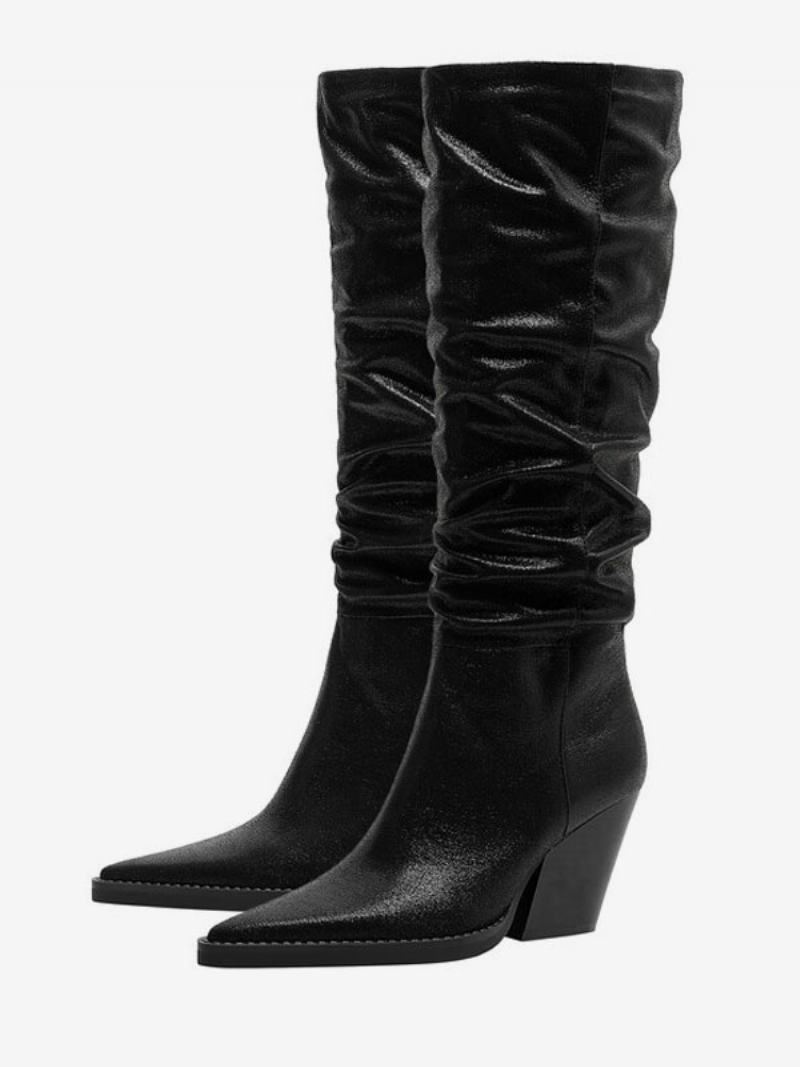 Dámské Stříbrné Westernové Boty Metalíza Pu Kůže Špičatá Špička Pata Polobotky Slouch Boots - Černá