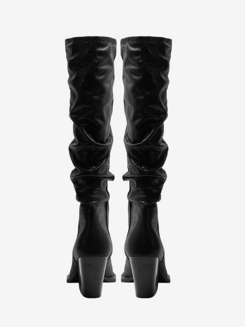 Dámské Stříbrné Westernové Boty Metalíza Pu Kůže Špičatá Špička Pata Polobotky Slouch Boots - Černá