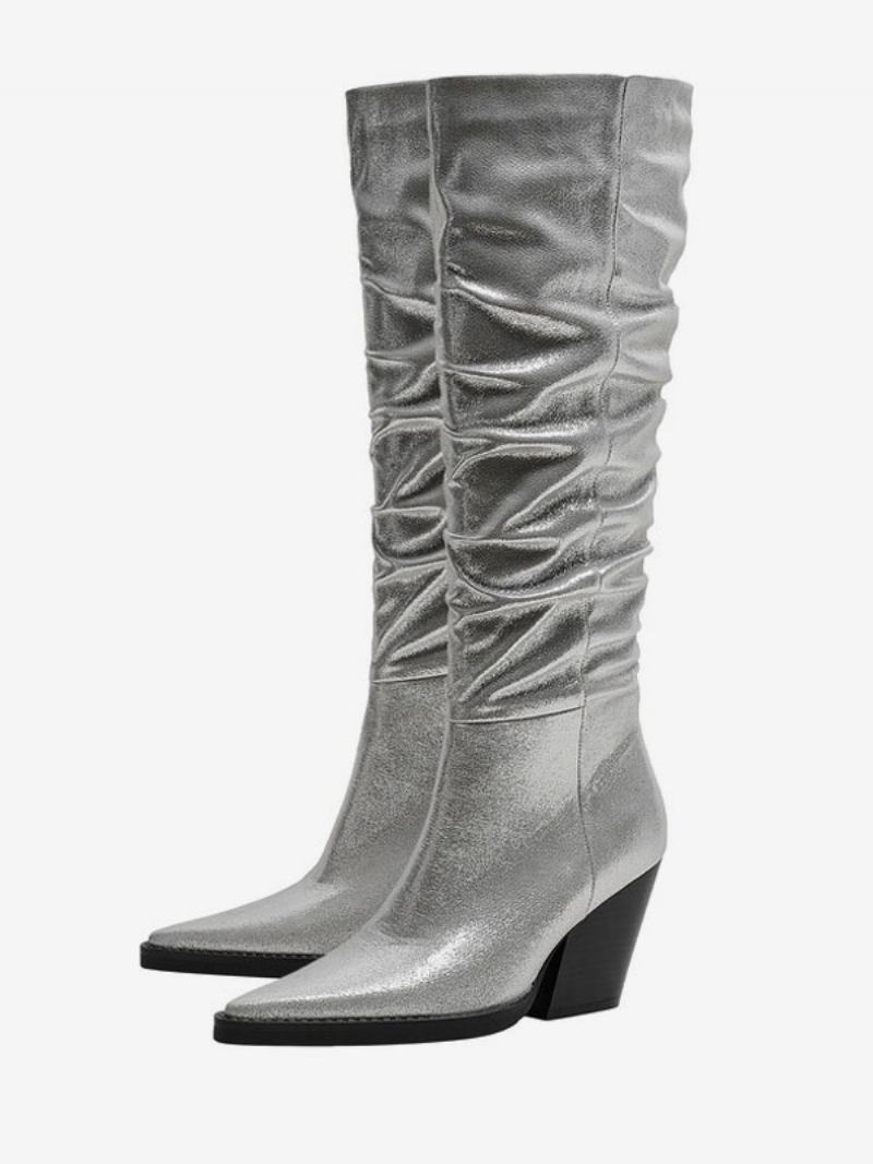 Dámské Stříbrné Westernové Boty Metalíza Pu Kůže Špičatá Špička Pata Polobotky Slouch Boots - Stříbrná