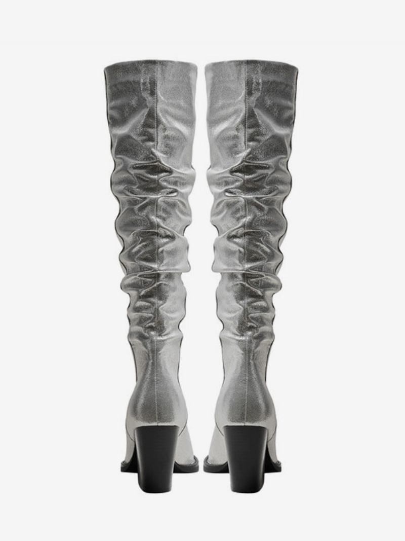 Dámské Stříbrné Westernové Boty Metalíza Pu Kůže Špičatá Špička Pata Polobotky Slouch Boots - Stříbrná