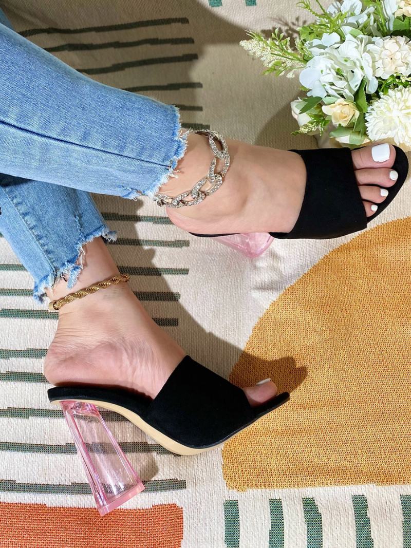 Dámské Mule Heels Micro Suede Horní Peep Toe Robustní Pata Mules - Černá