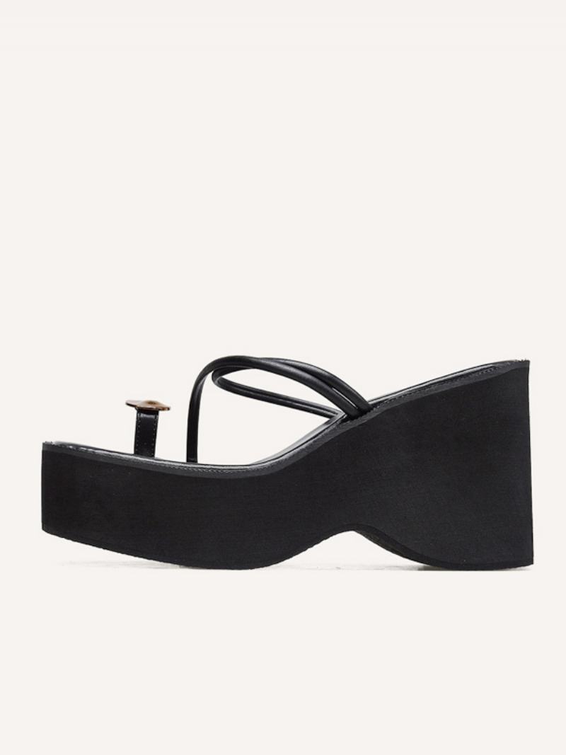 Dámské Pantofle Na Klínu Black Platform Toe Loop Sandal Slides - Černá