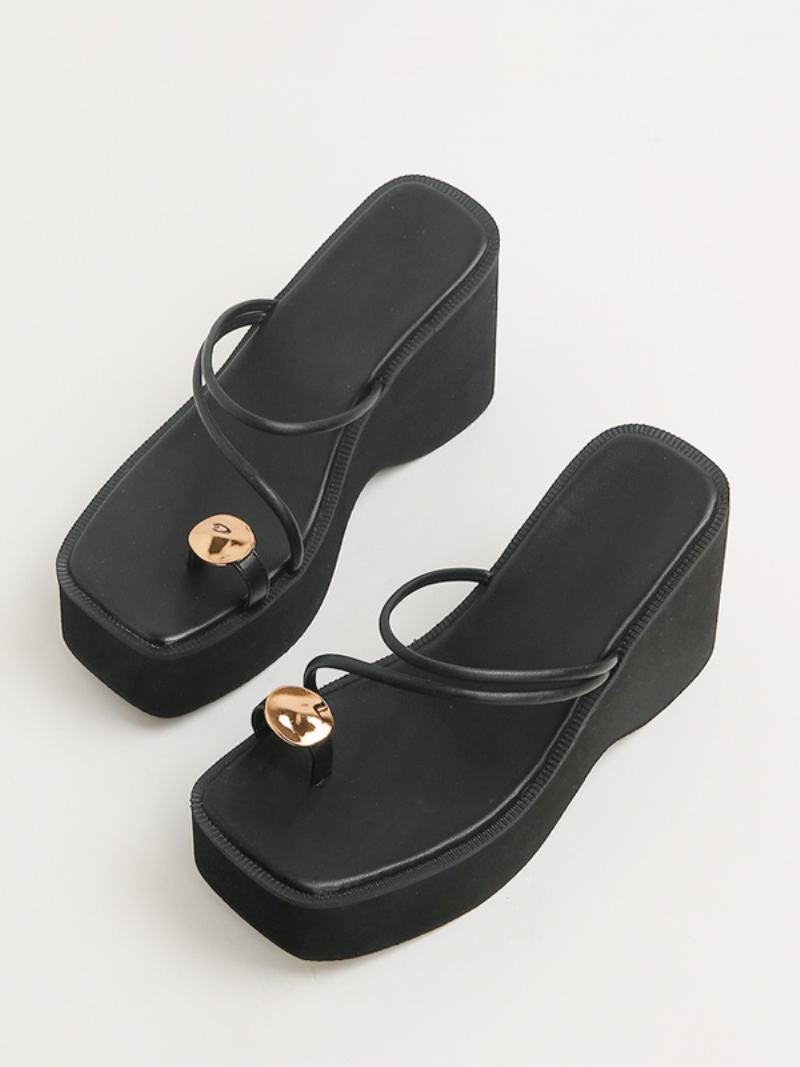 Dámské Pantofle Na Klínu Black Platform Toe Loop Sandal Slides - Černá