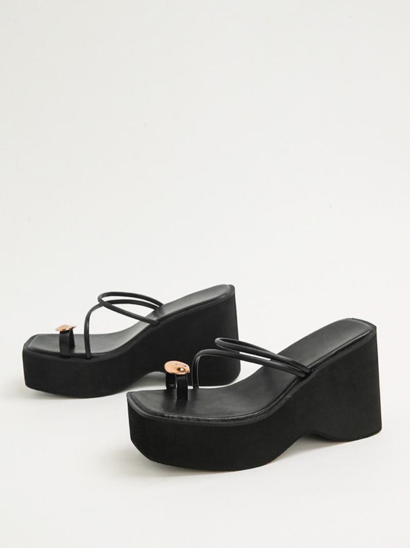 Dámské Pantofle Na Klínu Black Platform Toe Loop Sandal Slides - Černá