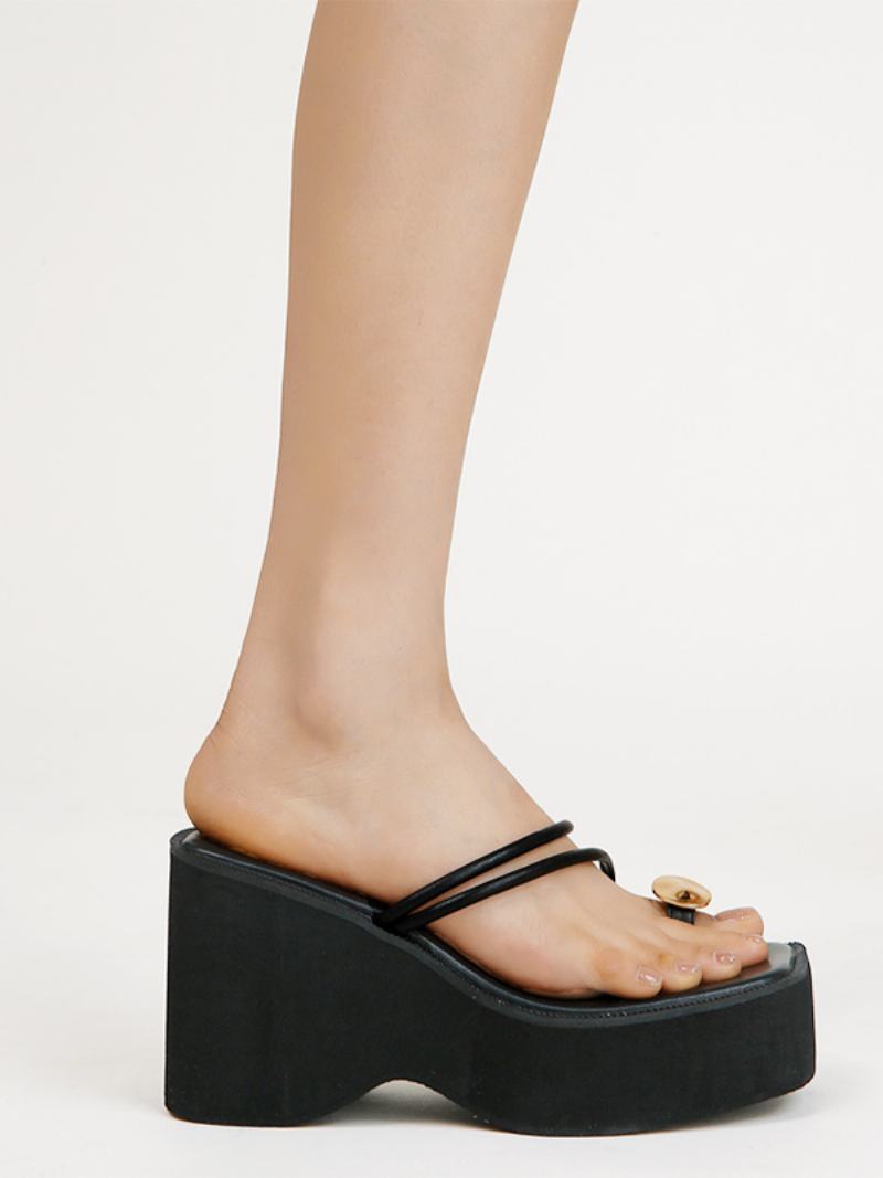 Dámské Pantofle Na Klínu Black Platform Toe Loop Sandal Slides - Černá