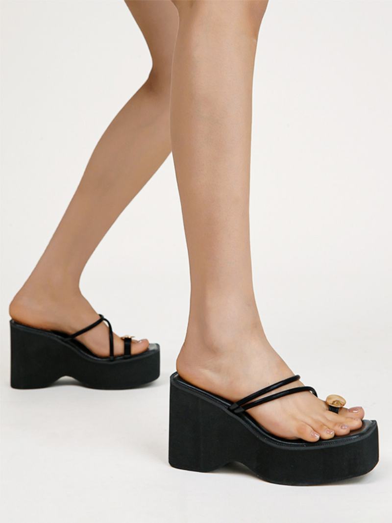 Dámské Pantofle Na Klínu Black Platform Toe Loop Sandal Slides - Černá