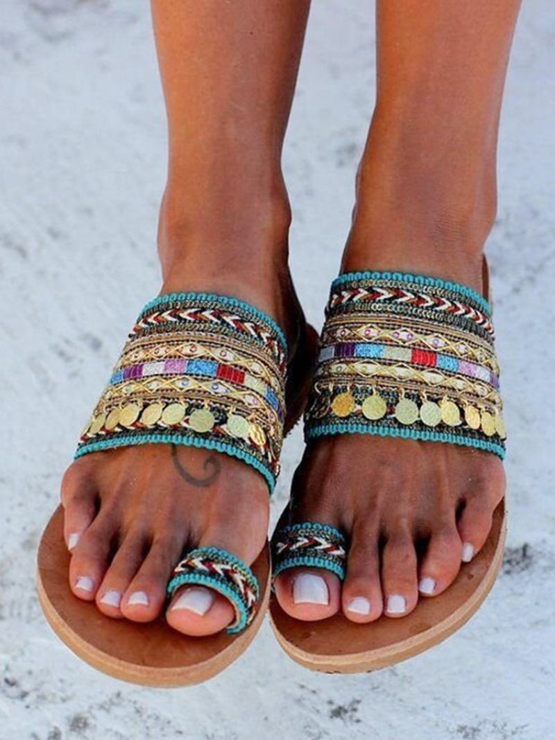 Dámské Plážové Sandály Boho Toe Loop Sandal Slides - Zelená